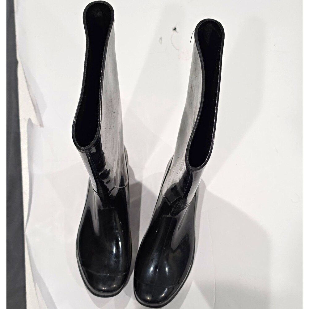 Women’s Black Glossy Waterproof Rubber Pull-On Mid-Calf Rain Boots US 8